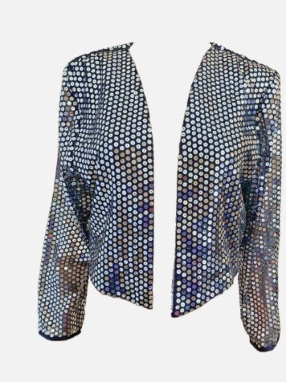 LEW INGRAM Open Front Evening Jacket Black with Silver Sequins Medium - EUC